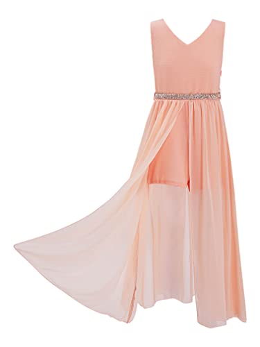 FEESHOW Girls V Neck Maxi Romper Dress with Short Jumpsuit Junior Bridesmaid Wedding Dance Party Gown