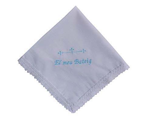 Pañuelo bautizo bordado en catalan letras azules 35x35 cm