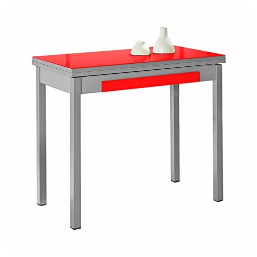 SHIITO - Mesa de Cocina - Extensible con Forma de Libro - 90 x 50/100 x 76 cm - con Cajón Inferior para Guardar la Cubertería - Estilo Moderno - Rojo