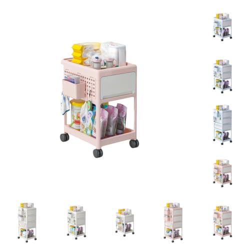 Zekono 収納カート キャスター付き 用品 ラック 多機能 2/3/4段 オムツ ワゴン フック付き 引き出し付き 移動式 取っ手 小物 キッチン おしゃれ 3色 (2層,ピンク)