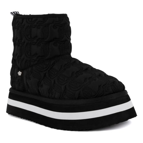 JUICY COUTURE Women's Quilted Slip-On Winter Boots – Waterproof, Warm Mid-Calf Snow Booties with Logo Strap-Kissie