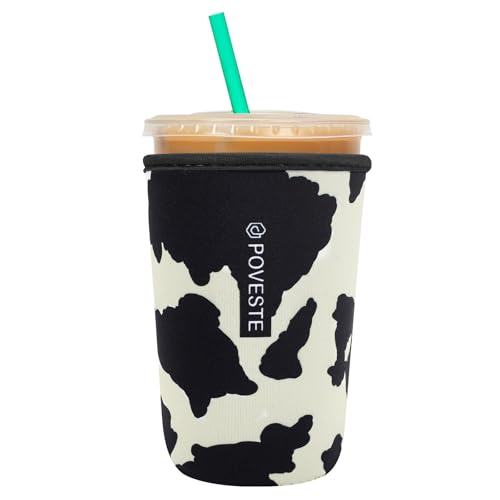Image of Reusable Neoprene Insulator Sleeve for Iced Coffee & Cold Soda, Coffee Sleeves for Iced & Hot Drinks, Cold Beverage Cooler Compatible with Starbucks, Dunkin (Cow Print, Medium: 22-24oz)