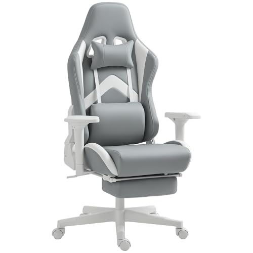 HOMCOM Silla Gaming Silla Gamer Reclinable con Altura Ajustable Reposapiés Retráctil Soporte Lumbar y Reposacabezas Desmontable Silla para Oficina Estudio Gris Claro y Blanco