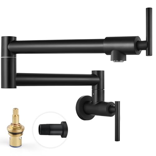 Image of Pot Filler Faucet Wall Mounted Folding Stretchable Kitchen Sink Water Tap with Double Joint Swing Arm Single Hole Two Handles Restaurant Kitchen Faucets, Matte Black, T-Shape Handle