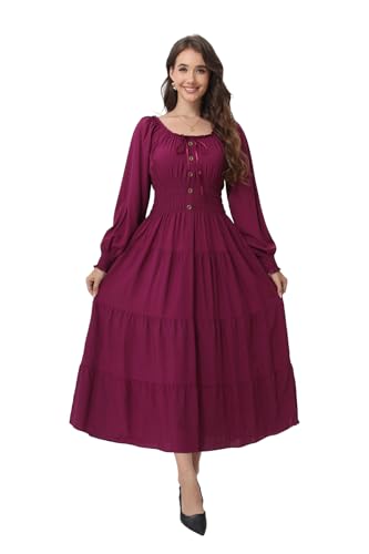 Image of OSTOO Women's 2026 Casual Long Sleeve Square Neck Smocked High Waist Flowy Maxi Dress,Boho Tiered Beach Party Dress