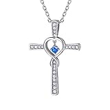 Suplight Womens Cross Necklace Sterling Silver Blue Sapphire September Birthstone Cross Necklace for Women