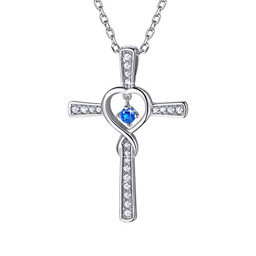 Suplight Womens Cross Necklace Sterling Silver Blue Sapphire September Birthstone Cross Necklace for Women