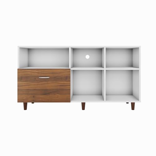 Image of VIKI Modern TV Unit for Living Room | Engineered Wood TV Cabinet with 1 Drawer Storage & 3 Open Shelves, Entertainment Unit, 140W x 74H x 40D cm | DIY | 1 Year Warranty (White & Walnut)