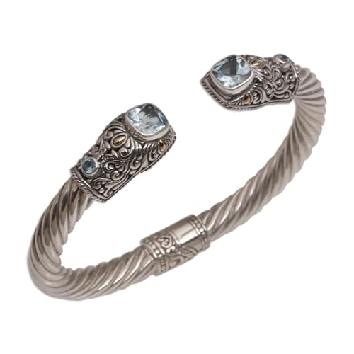 NOVICA Artisan Handmade Blue Topaz Gold Accent Cuff Bracelet Sterling Silver with Accents Tone Indonesia Gemstone Birthstone [6 in L (end to End) x 0.5 in W] ' Dazzling Crest'