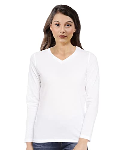 Image of Pooplu Women's Regular Fit Plain V Neck Full Sleeves Multicoloured 100% Cotton Pootlu T Shirt. Stylish, Casual Tshirts