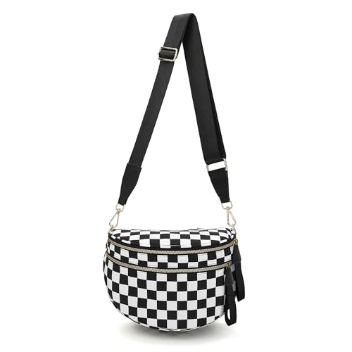 Checkered Crossbody Bum Bags for Women, Spacious Nylon Sling Bag Fanny Pack with Adjustable Shoulder Strap Belt Bag (Black-White Checkered)