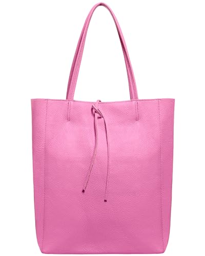 Image of Genuine Italian Leather Tote Bag for Women, Large Slouchy Purse, Pink | Unstructured bag, raw unlined interior with zip pocket, top zipper, side ties, folds flat, fits a 16-inch laptop, lightweight