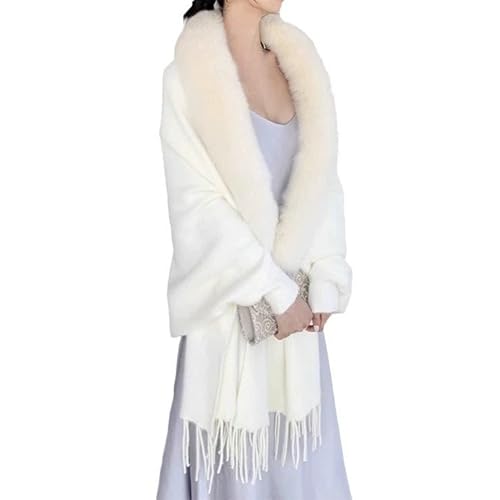 Women’s Winter Faux Fur Collar Shawl Wrap – 69 inches Long Knitted Imitation Mink Cape with Tassels, Mid-Length Cardigan Poncho for Autumn & Winter