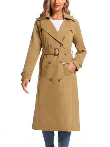 poonyfesh Womens Waterproof Long Trench Coat Double Breasted Length Classic Lapel Belt Coat With Removable Hood Camel Large