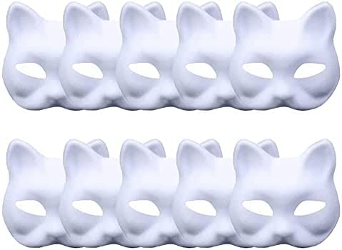 Meioro DIY White Paper Mask Pulp Blank Hand Painted Mask Personality Creative Free Design for Artistic Projects, Theater, Halloween, Masquerade Parties, Classroom Art 10pcs (Cat)