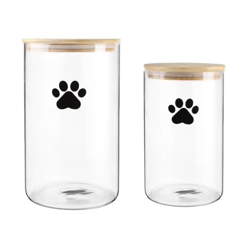 Brabtod Glass Dog Treat Jars Set of 2,135oz+68oz Round Dog Cat Food Container with Bamboo Lids,Airtight Cat Treat Jar, Puppy Food Cookie Jar-Keep Fresh Crispy