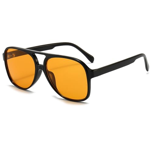 Long Keeper Gafas de Sol Piloto Polarizadas para Mujer Hombre Retro Clásico Doble Puentes Gafas de Sol Grandes Cuadradas Años 70 Protección UV400 (Negro Montura - Amarilla Lente)