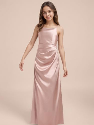 Silk Satin Junior Bridesmaid Dresses for Wedding A-Line Straps Pleated Sleeveless Long Flower Girl Dress3