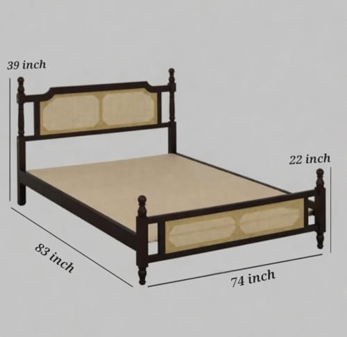 Image of Janghu Furniturewala Solid Sheesham Wood Classic Colonial Bed with Dual Cane Jali Work | Handcrafted Wooden Double Bed with Rattan Headboard & Footboard | Walnut Finish (King)