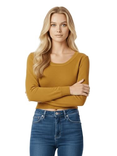 Image of Women's Crop Top Stretch Sweater - Long Sleeve Slim Bodycon Crewneck Casual Basic Solid Cropped Knit Pullover Top