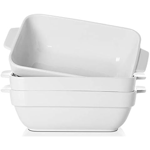 SAMSLE 3-piece Baking Dish, Porcelain Bakeware Set, Rectangular Lasagna Pan, 8 x 14 Inches (White) Cover
