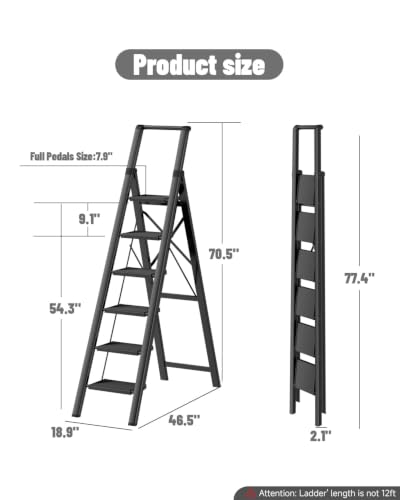 Image of SOLADDER 6 Step Ladder for 12 Feet High Ceiling, Folding Step Stool with Handgrip & Anti-Slip Wide Pedal, Portable Lightweight Aluminum Stepladder for Kitchen, Home (300 lbs Capacity) - Black