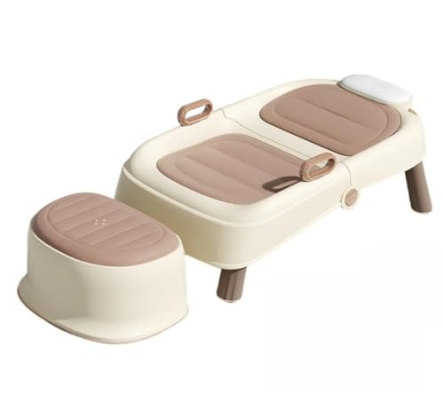 BRZU 折りたたみシャンプーチェア、子供用シャンプーチェア、折りたたみ式、省スペース、調節可能、安全、滑り止め、耐荷重80kg、男の子と女の子、介護者、高齢者、子供、家庭用に適しています (PUスタイル + フットスツール,コーヒー色)