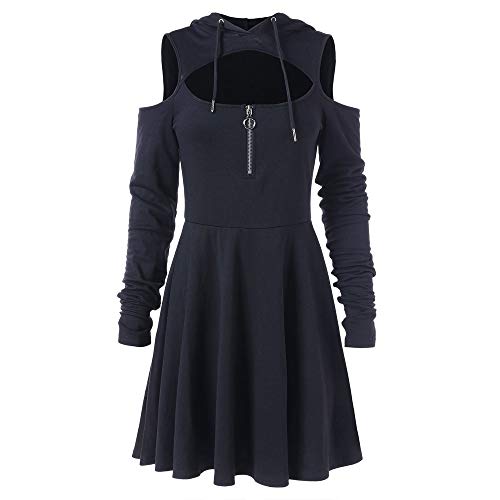 Women Off Shoulder Dress Cold Shoulder Long Sleeve Hooded Swing Zipper Vintage Dress Black