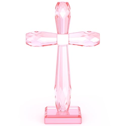 Image of YWHL Handmade Pink Crystal Standing Cross Decor, Religious Cross Gifts