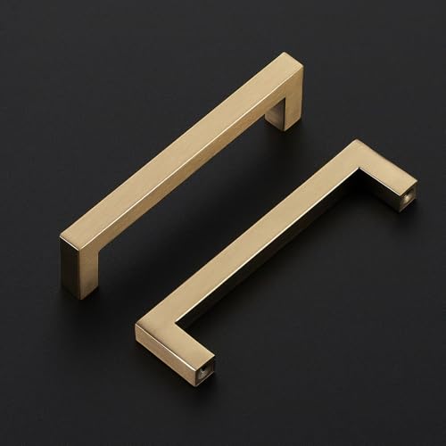 Image of Ravinte Champagne Bronze Square Cabinet Handles Drawer Pulls,5 Inch,5 Pack | Screws Included, Stainless Steel, Square Bar Grip, Easy Install, Kitchen Cabinet Hardware, For Cupboards, Drawers, Dressers