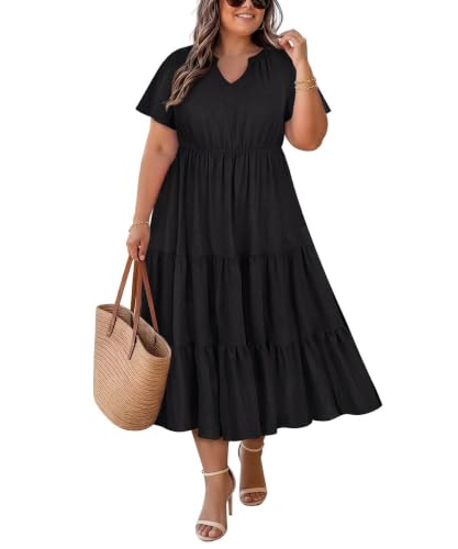 Image of TIYOMI Women Plus Size Dress Boho V Neck Short Sleeve Beach Maxi Dresses Floral /Stripe /Leaves /Lemon XL-5XL