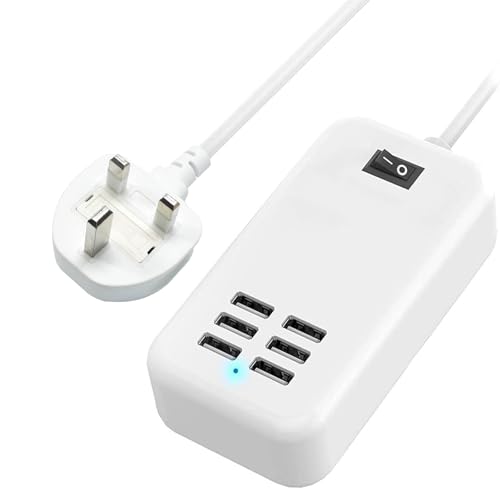 30W USB Charging Station, 6-Port USB Charging Hub with 1.5m Cable, MejaRizon Multi USB Charger Compatible with iPhone 14 13 12 Pro Max, Samsung, iPad, and Multiple Devices, White