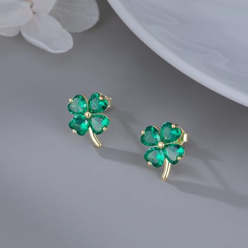 Reffeer Solid 925 Sterling Silver CZ Leaf Stud Earrings Clover for Women Teens Shamrock Earrings Studs Leaf Clover4