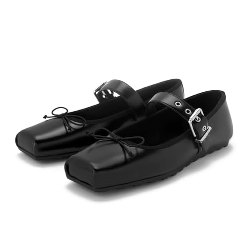 Women's Square Toe Mary Jane Flats Cute Bow Ankle Strap Ballet Flats Comfortable Slip On Flat Shoes for Daily Work Wear