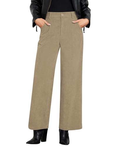 Roskiky, pantaloni a gamba larga in corduroy per donna, a vita alta, autunnali, business casual, con elastico in vita, pantaloni larghi per donna, cachi, L