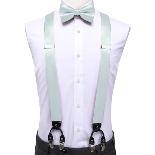Image of Hi-Tie Men Suspender Bowtie Set Suspenders Pre-tied Bow Tie Pocket Square Cufflinks Adjustable Y Shape 6 Clips Braces Tuxedo