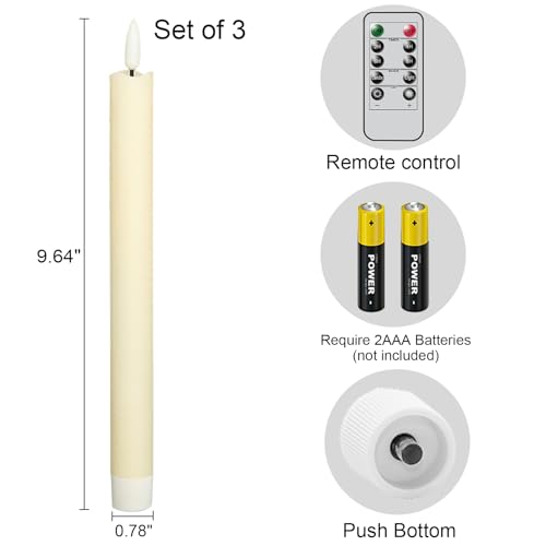 Image of Taper Candles Battery Operated with Remote Timer, with Remote Timer Flameless Taper Candles, LED Flameless Candlesticks for Halloween Christmas Home Decor(Set of 3, 0.78 inch x 9.65 inch)