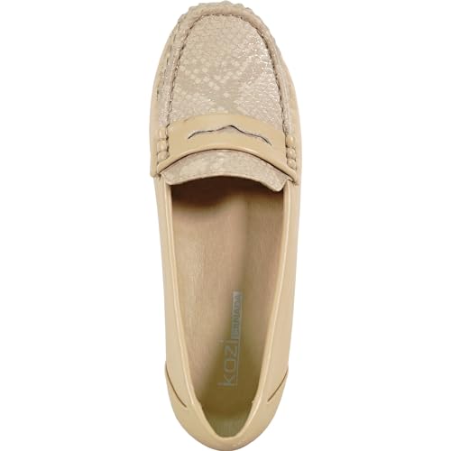 Image of KOZI Women Comfort Casual Wedge Shoe Slip-On Loafer ML Collection Round Toe Penny Loafer Removable Insole Black Champagne