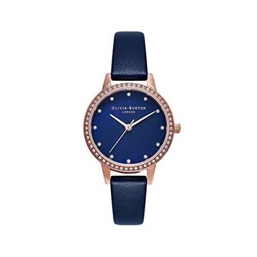 Olivia Burton Classics Qtz Basic Blue Mother of Pearl & Stone Round Dial Women's Watch|Navy Leather Material|Navy Color Band - OB16MD99