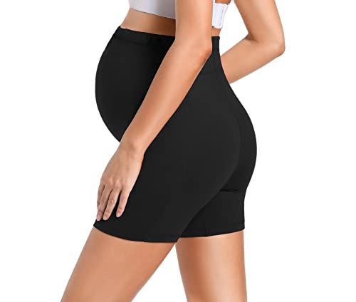 Foucome Women's Maternity Biker Shorts Over The Belly 5" Yoga Workout Running Athletic Short Pants With Pockets Black, M #TOP3
