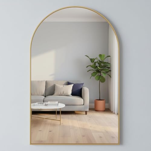 Image of 12x18 Inch Gold Arched Vanity Mirror - Modern Plastic Frame Wall Mirror for Bathroom, Bedroom & Home Decor(Gold, Cruved)