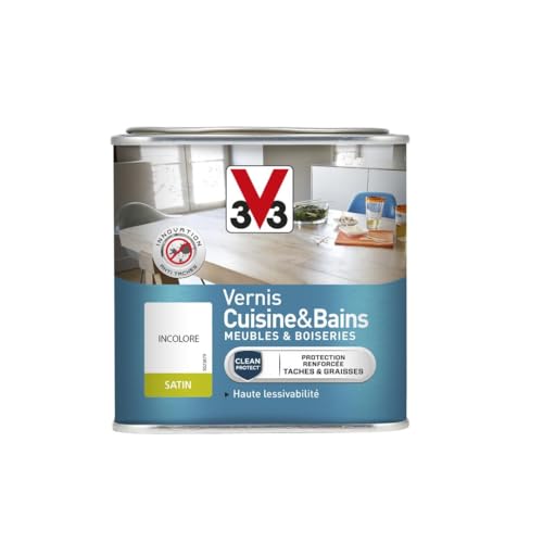 V33 Vernis intérieur cuisine & bains meubles et boiseries, Incolore satin 0,5L