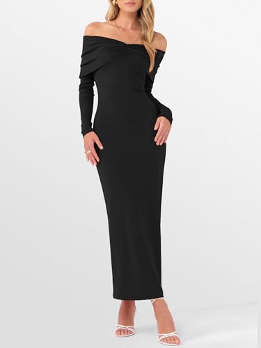 Caracilia Womens Off The Shoulder Bodycon Maxi Dress Fall Sexy Elegant Long Sleeve Ruched Club Party Formal Cocktail Dresses3