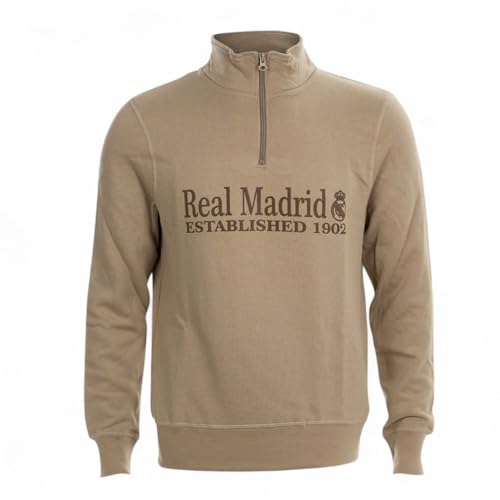 Real Madrid Sudadera Oficial Media Cremallera y diseño Established 1902', Ideal para Uso Casual y Deportivo. (FR/ES, Letras, S, Regular, Regular, Beige)