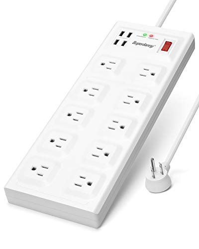 SUPERDANNY 15A 10 Outlet Power Strip USB Surge Protector 2800J 4 USB Port with 5ft Extension Cord Mountable Outlet Extender Multi-Protection Flat Plug for iPhone iPad Tablet Home Office Dorm White