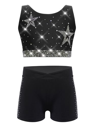 Kids Girls Gymnastics Dance Outfit Rhinestone Crop Vest Top Shorts Set Athletic Tracksuits for Yoga Black 12 Years