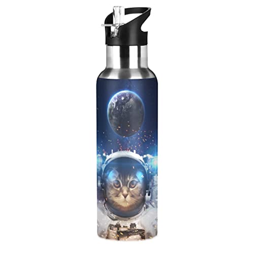 Space Cat Astronaut Water Bottle Kids Earth Planet Insulated Thermos Stainless Steel Hot Cold Water Flask Jug With Straw Lid For Sports Gym Running 20 Oz #TOP10