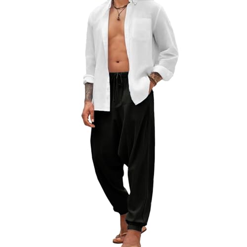 Harem Pants for Men Baggy Style Low Crotch Yoga Pants Elastic Waist Drawstring Ankle Length Loose Fit Beach Pants