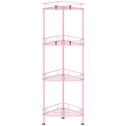 Image of HuggieGems Metal Floor Standing Corner Shower Caddy, Pink, 4 Tier | Adhesive Bathroom Organizer Shelves, Free Standing Shower Rack with Hooks, Hold Large Shampoo Bottles