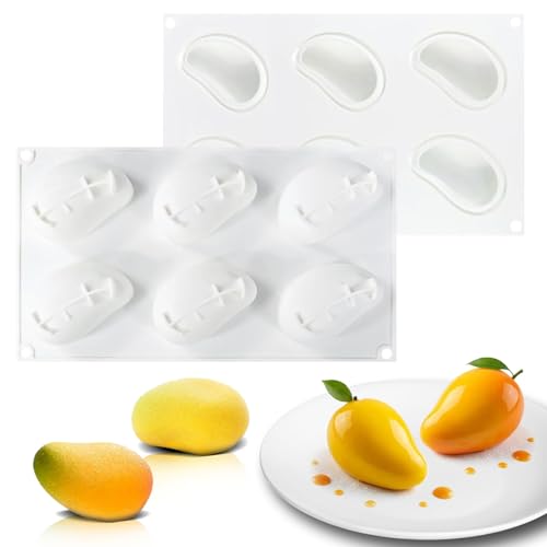 Pjsrsdaee 6-Cavity Mango Silicone Mold 3D Fruit Shape Baking Mold Non-Stick Easy Release for Mousse Cake Chocolate Pudding Jelly Dessert (Mango)